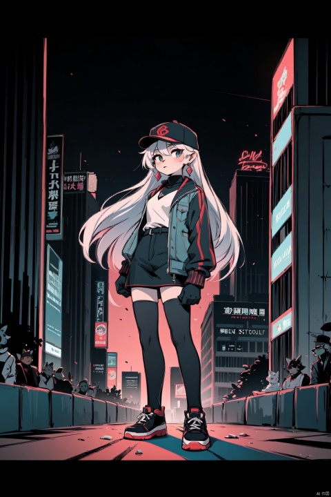  skyscraper, building, city, cityscape, hat, earrings, baseball_cap, 1girl, long_hair, jacket,stockings, solo, architecture, shoes, city_lights, east_asian_architecture, looking_at_viewer, , neonpunkai, BJ_Violent_graffiti, midjourney, furry