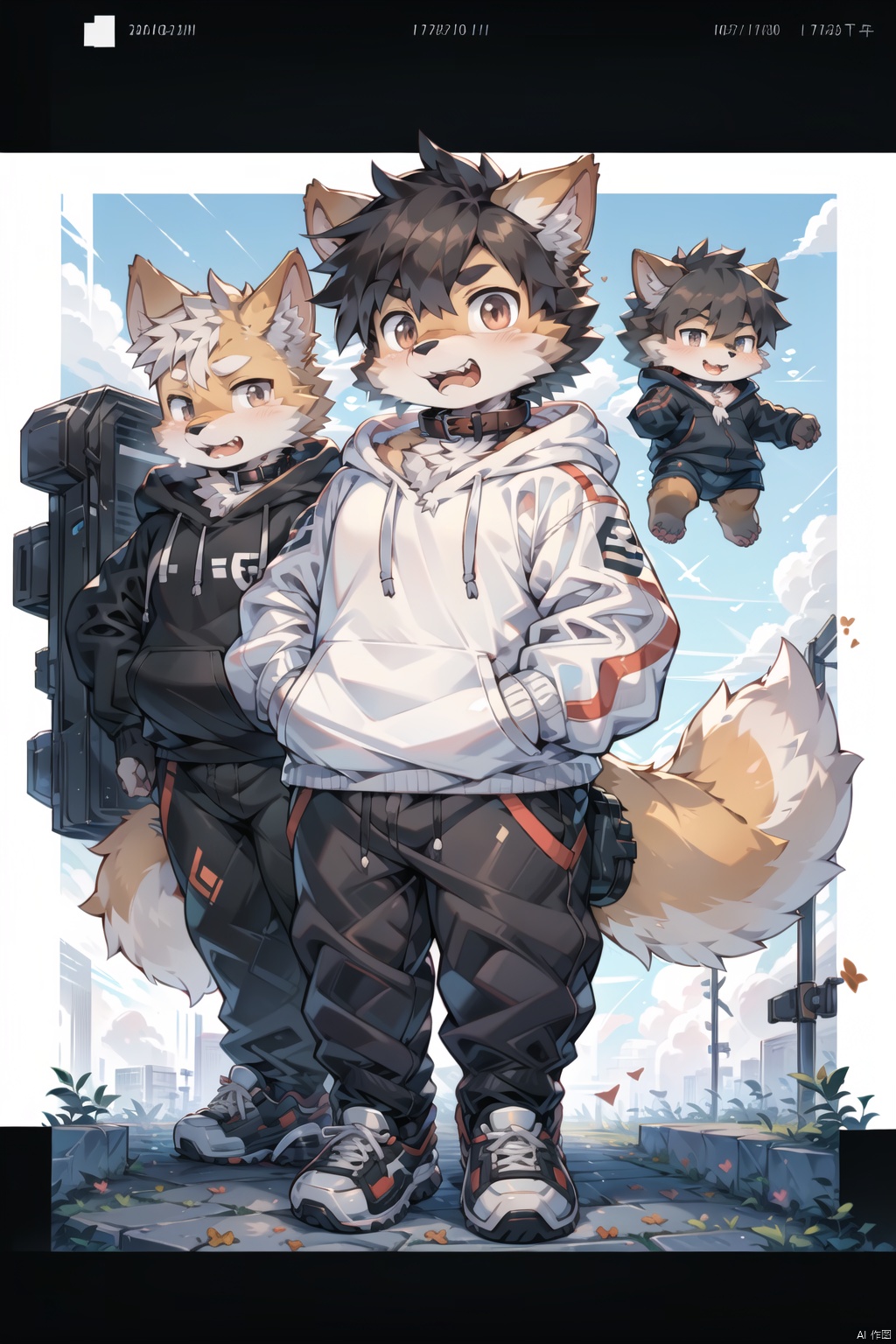  ((best quality)),(boy:Shiba inu:0.8),(boy:1.2),(dark brown fluffy hair:1.3), (big grey innocent eyes:1.2),stubborn expression,open the mouth and show the teeth,canine teeth,(white hoodie with paw prints:1.1),(collar on neck:1.2),paws in pocket,(carefree attitude:1.2), (anime character:1.3), lovable personality, (endearing perspective:1.1), (8k resolution:1.0),furry,pixel art,machinery, furry,fat, shota