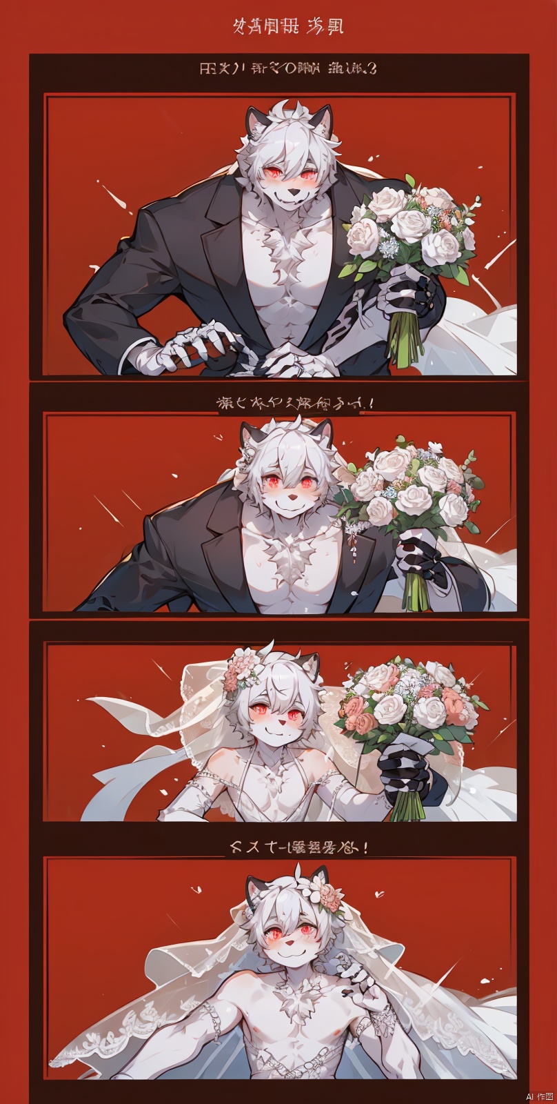 Skeleton Bride, Holding flowers in the hand, Wearing a wedding dress, Wait at the cemetery, So many details., hell, blackmagic, macron, solid eyes, xinniang, cutegui, wulian, red background, shota, furry