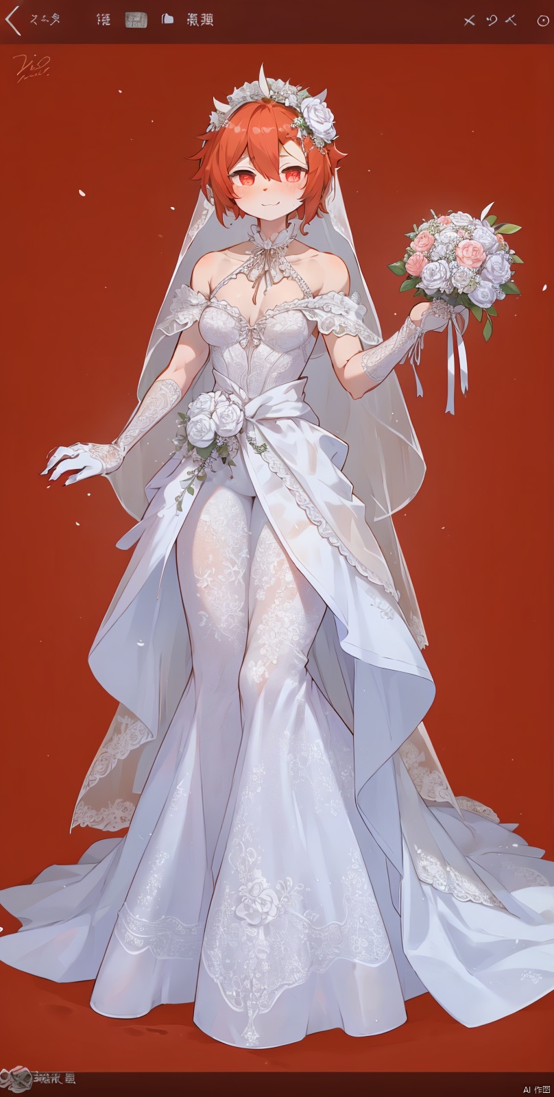  Skeleton Bride, Holding flowers in the hand, Wearing a wedding dress, Wait at the cemetery, So many details., hell, blackmagic, macron, solid eyes, xinniang, cutegui, wulian, red background, shota, furry