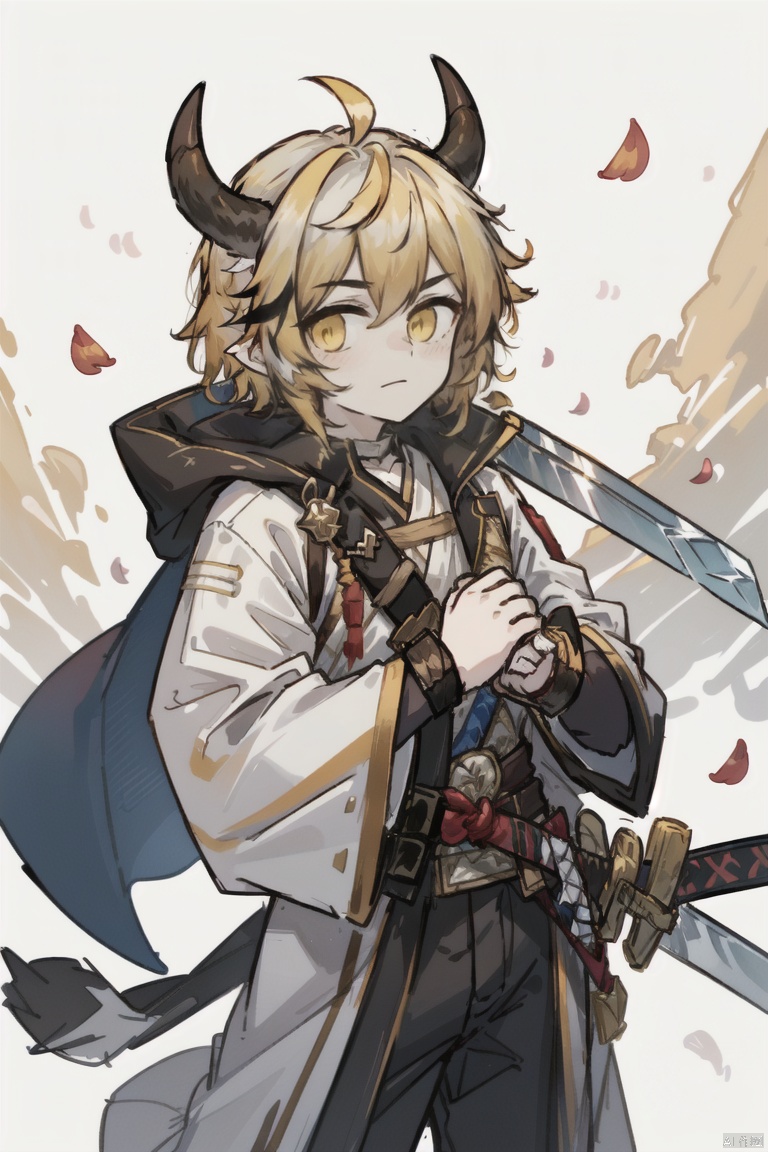  1boy,male focus, yellow hair,energy sword,glint,glowing sword,Unsheathed sword,solo, yellow Hanfu,Grasp the hilt with your hand,Brave and spirited,sword-dance,holding sword,looking at viewer,petals,solo,standing, glow, bison\(arknights\),cow boy,cow horns