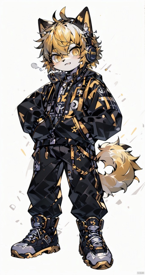  shota, (masterpiece:1.331), best quality, (official art:1.1), (extremely detailed cg unity 8k ）,(sole:1.21), simple background, yellow eyes,(headphones),boots,((yellow hair))((,gold_hair)),long_pants,standing, Larme Kei3, furry