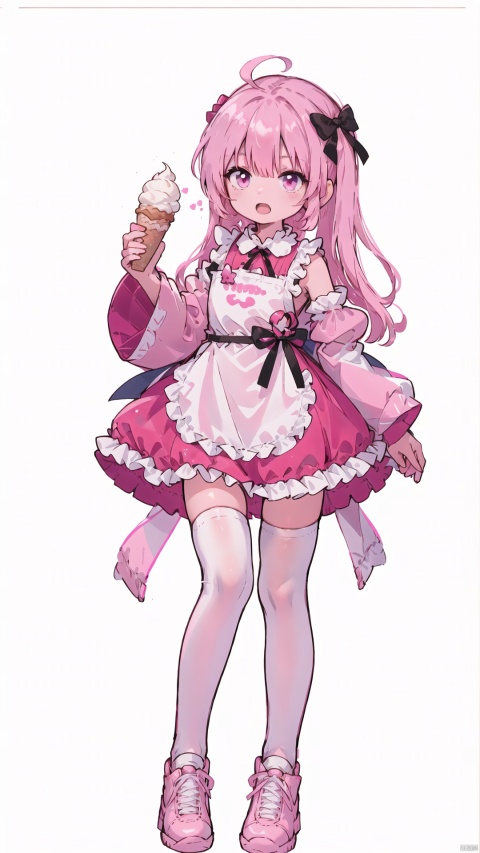  1girl, absurdres, apron, asymmetrical legwear, bow, detached sleeves, dress, food, highres, holding, ice cream, long hair, long sleeves, looking at viewer, open mouth, original, pink bow, pink dress, pink eyes, pink footwear, pink hair, pink socks, simple background, sleeves past fingers, sleeves past wrists, socks, solo, standing, thighhighs, uneven legwear, white background, white thighhighs
, shota, red background