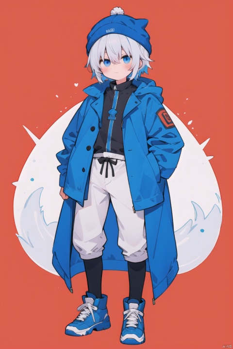  za_yv, ganyu, , hat, coat, multicolored hair, blue hair, white hair, red background, shota