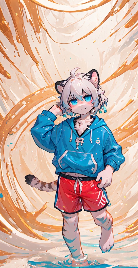  Bestquality,8k,(((masterpiece))),((bestquality)),
 (full_body:1.2),solo,
 White tiger,Swimming trunks,White animal hair, Delicate blue eyes,furry, bichu, shota, HYZ, killer,pvc figure, , (\shen ming shao nv\), 