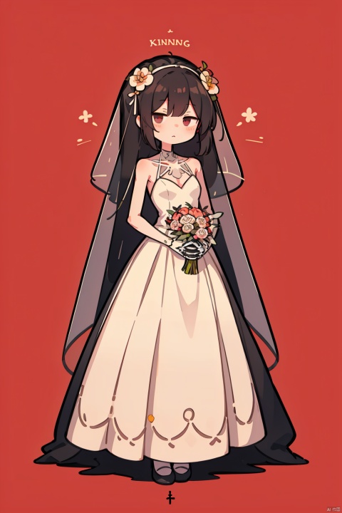  Skeleton Bride, Holding flowers in the hand, Wearing a wedding dress, Wait at the cemetery, So many details., hell, blackmagic, macron, solid eyes, xinniang, cutegui, wulian, red background, shota