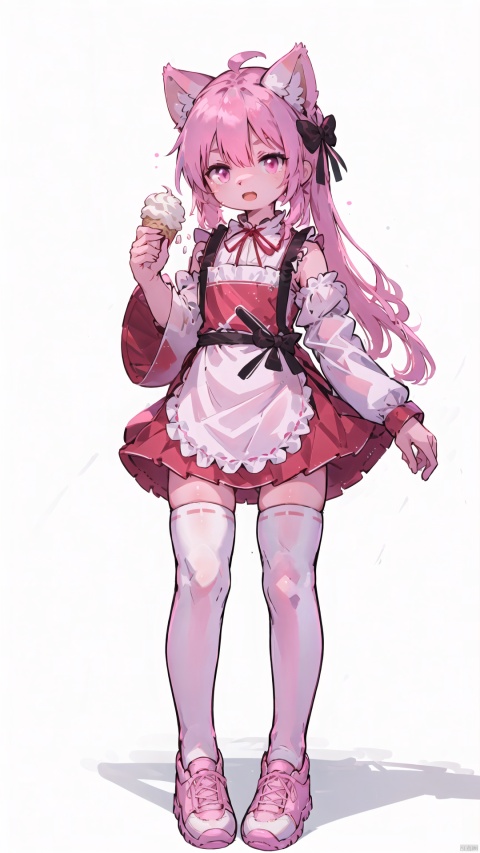  1girl, absurdres, apron, asymmetrical legwear, bow, detached sleeves, dress, food, highres, holding, ice cream, long hair, long sleeves, looking at viewer, open mouth, original, pink bow, pink dress, pink eyes, pink footwear, pink hair, pink socks, simple background, sleeves past fingers, sleeves past wrists, socks, solo, standing, thighhighs, uneven legwear, white background, white thighhighs
, shota, red background, furry