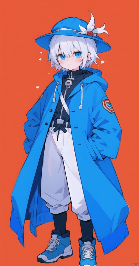  za_yv, ganyu, , hat, coat, multicolored hair, blue hair, white hair, red background, shota