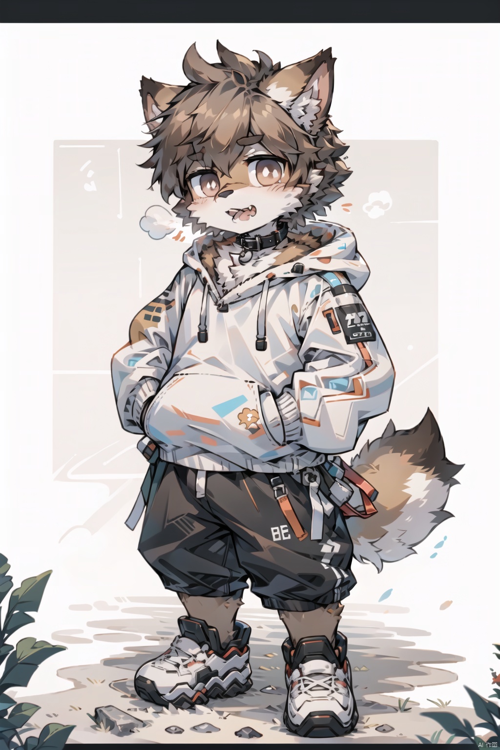  ((best quality)),(boy:Shiba inu:0.8),(boy:1.2),(dark brown fluffy hair:1.3), (big grey innocent eyes:1.2),stubborn expression,open the mouth and show the teeth,canine teeth,(white hoodie with paw prints:1.1),(collar on neck:1.2),paws in pocket,(carefree attitude:1.2), (anime character:1.3), lovable personality, (endearing perspective:1.1), (8k resolution:1.0),furry,pixel art,machinery, furry,fat, shota, 