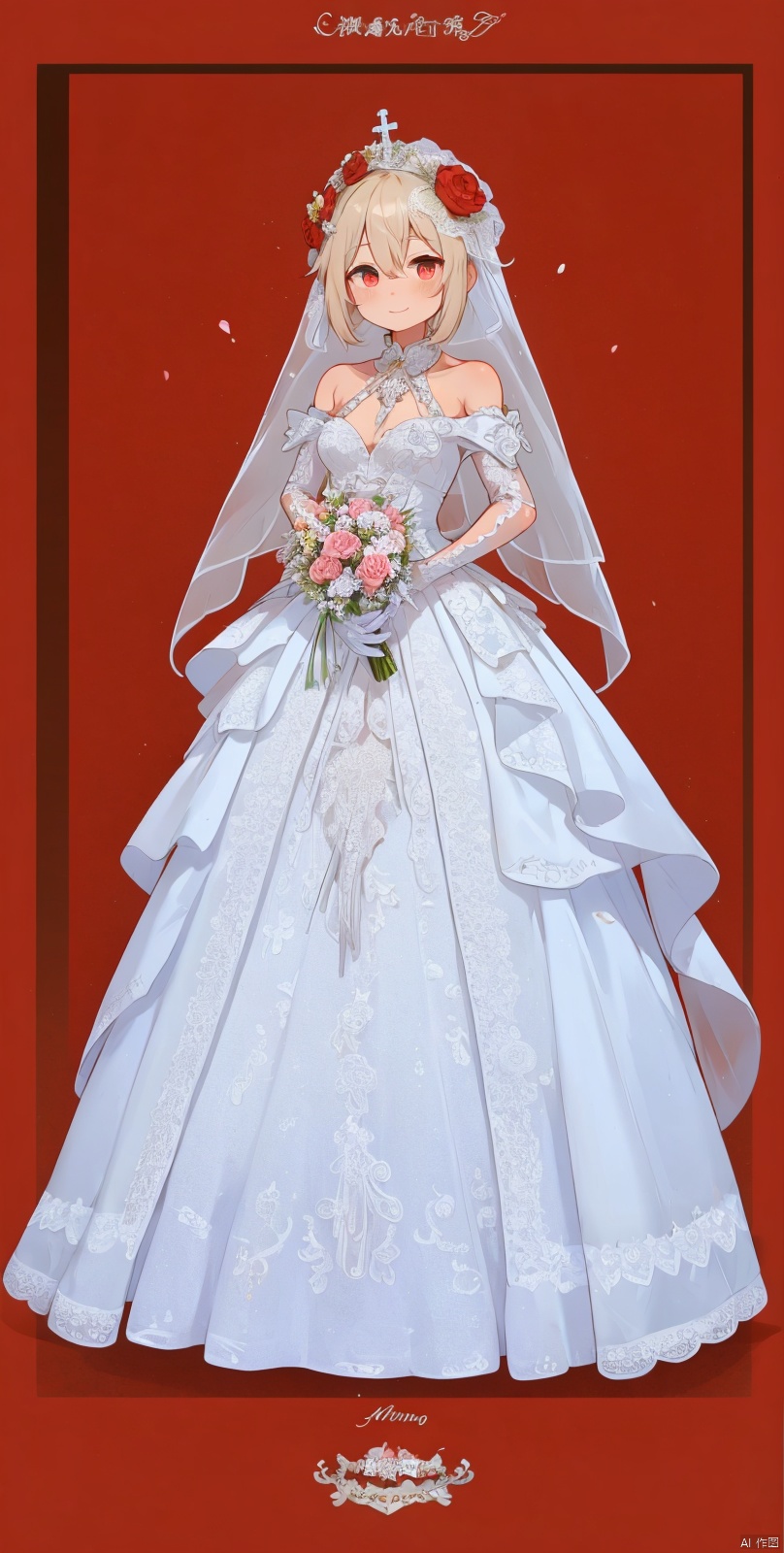  Skeleton Bride, Holding flowers in the hand, Wearing a wedding dress, Wait at the cemetery, So many details., hell, blackmagic, macron, solid eyes, xinniang, cutegui, wulian, red background, shota