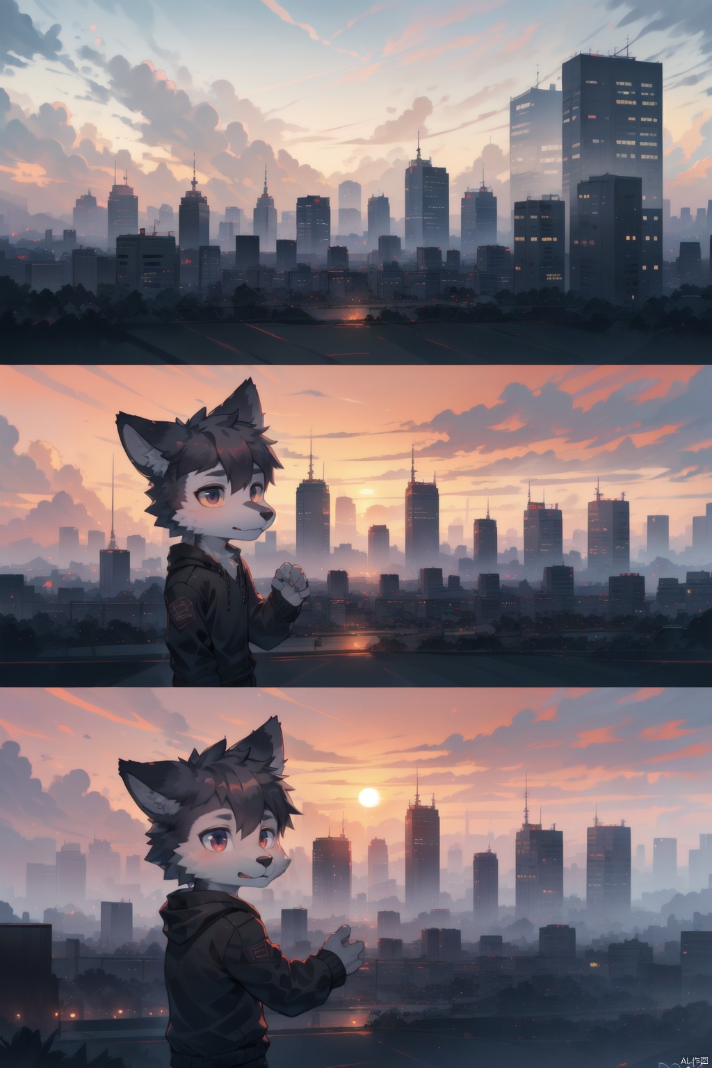  Best quality, masterpiece, photorealistic, 32K uhd, official Art,
1girl, dofas, solo,cityscape,sunset,double exposure photography, furry, shota