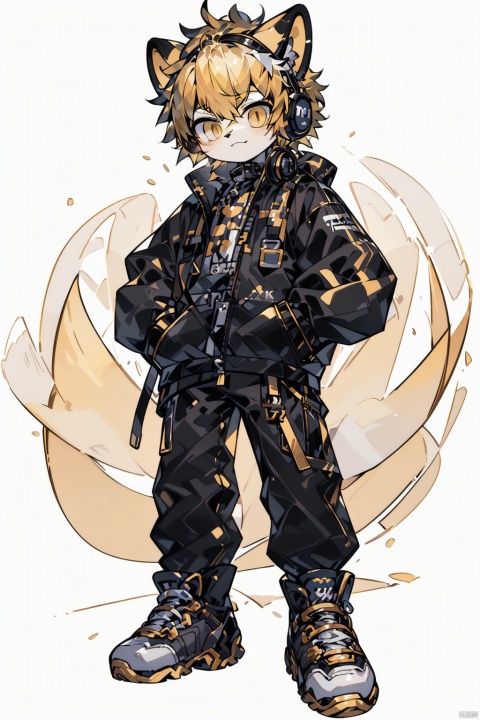  shota, (masterpiece:1.331), best quality, (official art:1.1), (extremely detailed cg unity 8k ）,(sole:1.21), simple background, yellow eyes,(headphones),boots,((yellow hair))((,gold_hair)),long_pants,standing, Larme Kei3, furry