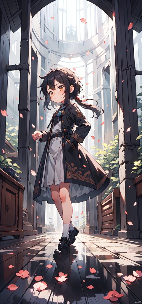  1girl, full body, solo, melancholic, melancholy, nostalgic, a sense of solitude, petals,Surrealistic imagery, dreamlike atmosphere, vibrant and contrasting colors, intricate and detailed elements,(Tyndall effect:1.2), shota