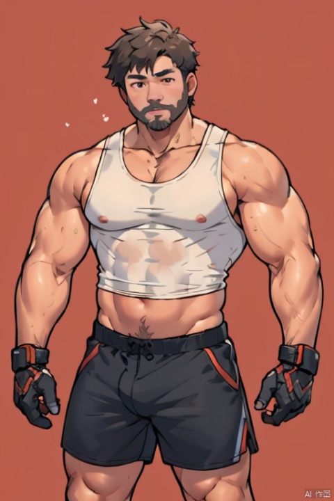  1boy,Muscular,CNThor, male focus, solo, facial hair, muscular, muscular male, large pectorals, abs, beard, short hair, mature male, mustache, looking at viewer, thighs, old man, old,realistic, shorts, thick thighs, arm armors, black hair, male underwear, underwear,((wearing T-shirt,tank top)), Jixieman, shota, red background