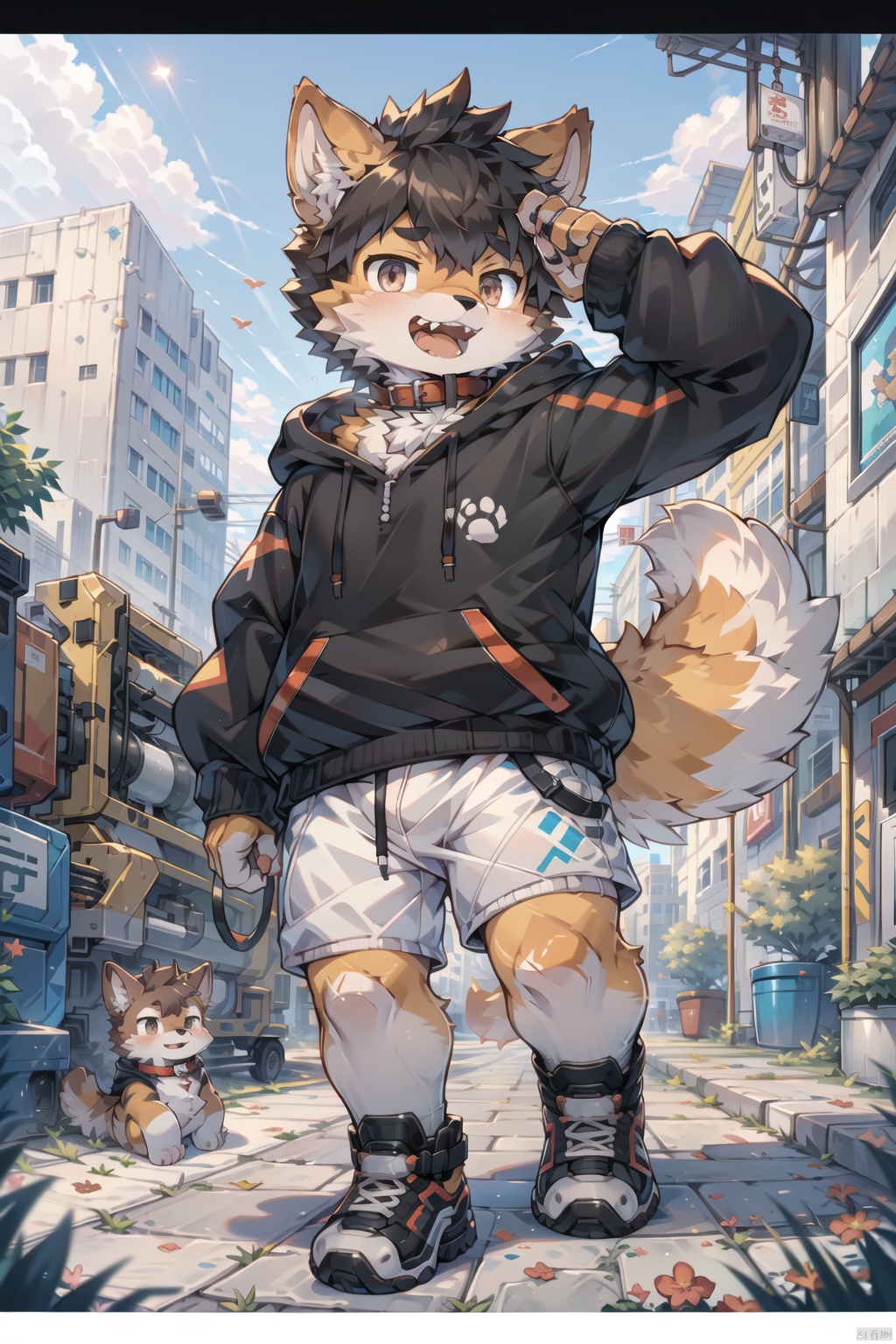  ((best quality)),(boy:Shiba inu:0.8),(boy:1.2),(dark brown fluffy hair:1.3), (big grey innocent eyes:1.2),stubborn expression,open the mouth and show the teeth,canine teeth,(white hoodie with paw prints:1.1),(collar on neck:1.2),paws in pocket,(carefree attitude:1.2), (anime character:1.3), lovable personality, (endearing perspective:1.1), (8k resolution:1.0),furry,pixel art,machinery, furry,fat, shota
