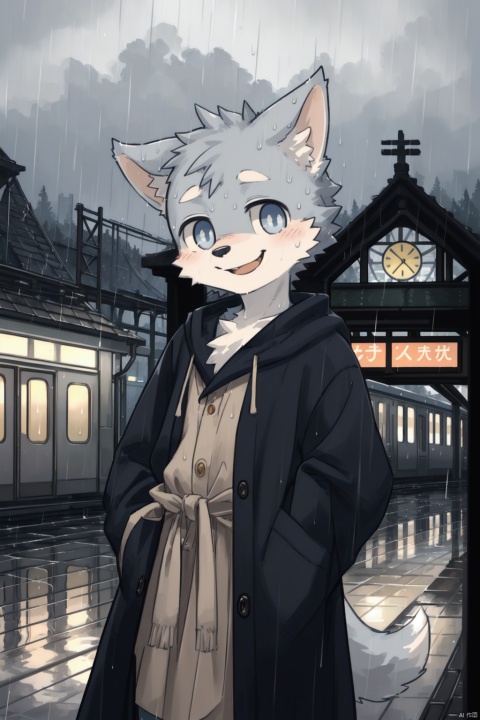  masterpiece, best quality, perfect anatomy, bright eyes, watery eyes, kemono, furry, wolf, (felis:0.25), male, solo, baggy clothing, (open smile:1.1), gentle, looking at viewer, train station, rain, (waterdrop:0.9), grey sky, raining, (fog:0.4), detailed eyes, shota,CUXIAN