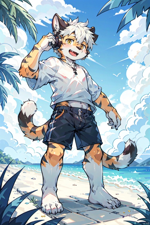  ahoge, furry, Children with bells and headphones, furry, open mouth, Big fluffy tail, An eight-year-old boy, Not a spot on the whole body, Yellow cat ears and brown antlers, Gray shorts, White shirt, The size of the cat, Juvenile, Skinny body type, 1boy, cat boy, furry, cub, ultra cute face, full body, perfect lighting, masterpiece, ultra detailed, White clothes, ultra detailed fur, Beach, outside, The blue sky and white clouds, Alone,barefoot,cow boy,cow horn,yellow, shota