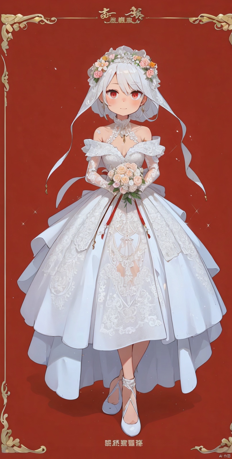  Skeleton Bride, Holding flowers in the hand, Wearing a wedding dress, Wait at the cemetery, So many details., hell, blackmagic, macron, solid eyes, xinniang, cutegui, wulian, red background, shota