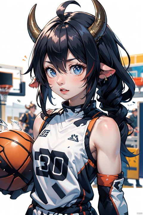  sdmai, wuxia, gorgeous eyes, splashing details, wild and powerful, solo, black hair, Playing basketball in a basketball jersey on the school basketball court, a distant view, white background, looking at viewer, 1boy, 
, wdsjp, asuo, ((poakl)), bison\(arknights\),cow boy,cow horns