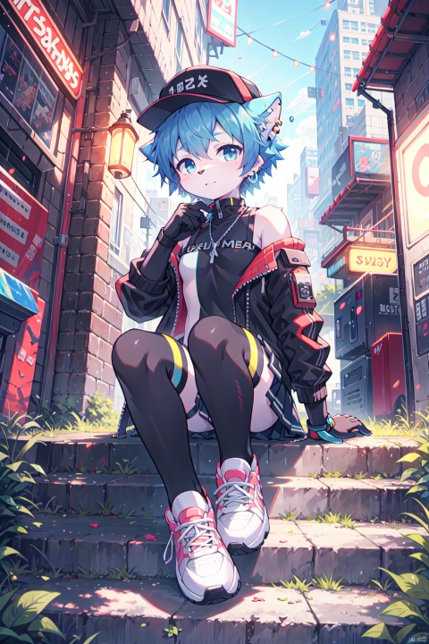  1girl,sitting,jacket,gloves,fingerless gloves,shoes,sneakers,nail polish,solo focus,from below,blue eyes,skirt,looking at viewer,city,outdoors,building,earrings,black gloves,long sleeves,short hair,hat,thighhighs,jewelry,bare shoulders,open jacket,socks,hand on own knee,open clothes,,machinery,MG jixie,fan,neon lamp,power line,Cyberpunk Concept,,pixel art,wantun-tentacles, furry, shota