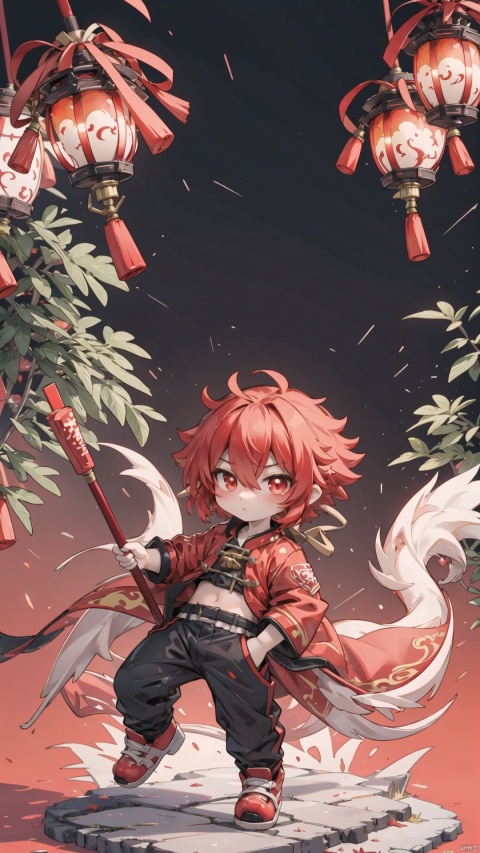  1 red dragon,red background, a small number of red lanterns, Chinese elements with firecrackers around and fireworks in the background, goddess, colors, shota, killer