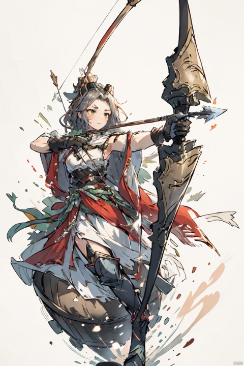 1girl, solo, gloves,long hair, focusing intensely,Hold the iron tire bow with the left hand and draw a bow and shoot arrows, Wearing a jade crown, shining silver armor, and wearing a lion headband. Treading towards the sky with cow tendon boots; Wearing a crimson cloak on her shoulders, carrying a three foot green blade on her waist, coupled with her tall figure and resolute expression,clean white background, shota