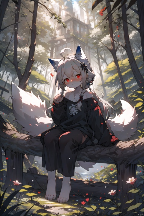  best quality,(best quality),(masterpiece),((solo)),long hair, side braid,long hair,hime cut,ahoge,hair clip, black silk hair band,white hair,asymmetrical hair,((( white hair))),wolf ears,red eyes,cute,(blush),(light smile),loli,((child)), wolf girl,(large tail),flat chest,white t-shirt,Oversized T-shirt,T-Shirt covered,No pants ,sunlight,branches,off_shoulder,falling_leaf. flower,hair_ornament,on_branch,full_body,uwabaki, sitting in tree, see-through, see-through,full body,,((forest of magic)),(((wind))),clouds,exquisite,detailed, furry, shota