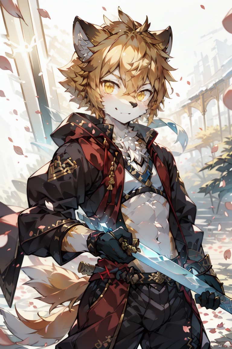  1boy,male focus, yellow hair,energy sword,glint,glowing sword,Unsheathed sword,solo, yellow Hanfu,Grasp the hilt with your hand,Brave and spirited,sword-dance,holding sword,looking at viewer,petals,solo,standing, glow, furry