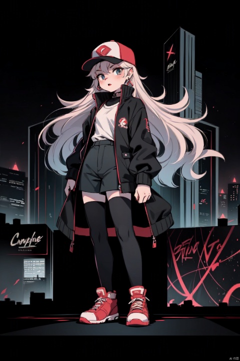  skyscraper, building, city, cityscape, hat, earrings, baseball_cap, 1girl, long_hair, jacket,stockings, solo, architecture, shoes, city_lights, east_asian_architecture, looking_at_viewer, , neonpunkai, BJ_Violent_graffiti, midjourney, furry