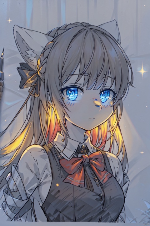  1girl,artsuijin,bandages,bangs,bowtie,braid,dark aura,hair bow,hair ornament,hair ribbon,long hair,looking at viewer,multicolored hair,portrait,solo,traditional media,upper body,yellow hair,blue eyes,symbol-shaped pupils,star,,, masterpiece, best quality, highres, artsuijin, furry