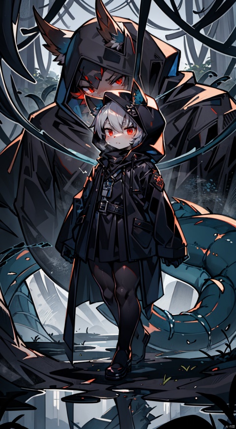  (Black and grey theme:1.3), (Very thick black fog:1.3)
(From distance:1.2), (solo), (1 girl), has Detailed beautiful red_eyes, (full body), (Cold face), Black trench coat, black Silk stockings, Black hood
(detailed light), best shadow, Depth of field
/=
[Death, darkness, horror, spookiness, evil, morbid, Twist], (unseen figure:1.2), (blurry:1.2), (Dark night), (No_light)
(unseen figure:1.2), ([lots of Leviathan of monsters twist and blurry|Blackforest:2|blackfog:3]:1.2),(Many[vines:3|grey_mucous_tentacles]:1.2),单片眼镜, shota, furry