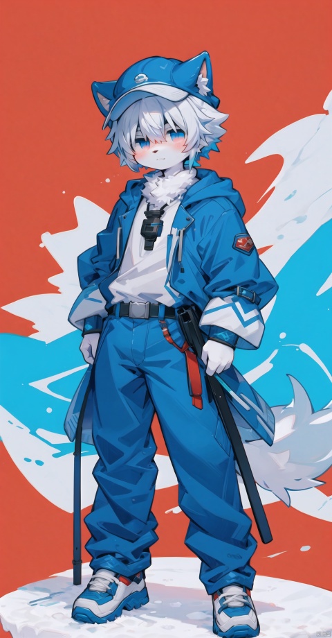  za_yv, ganyu, , hat, coat, multicolored hair, blue hair, white hair, red background, shota, furry, killer