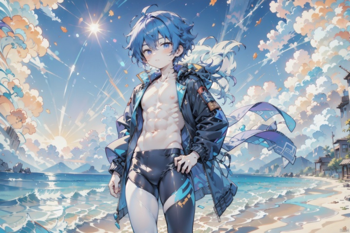 1boy,a young male anime character standing at a beach during sunset. He is shirtless, displaying a muscular physique, and wears a black jacket. The sky is painted in hues of blue, purple, and orange, with scattered stars. The sun casts a warm, golden glow on the character and the surrounding environment. The art style is detailed, with smooth shading and lifelike textures, particularly evident in the character's hair and skin,
masterpiece,best quality,very aesthetic,absurdres, shota, white pantyhose