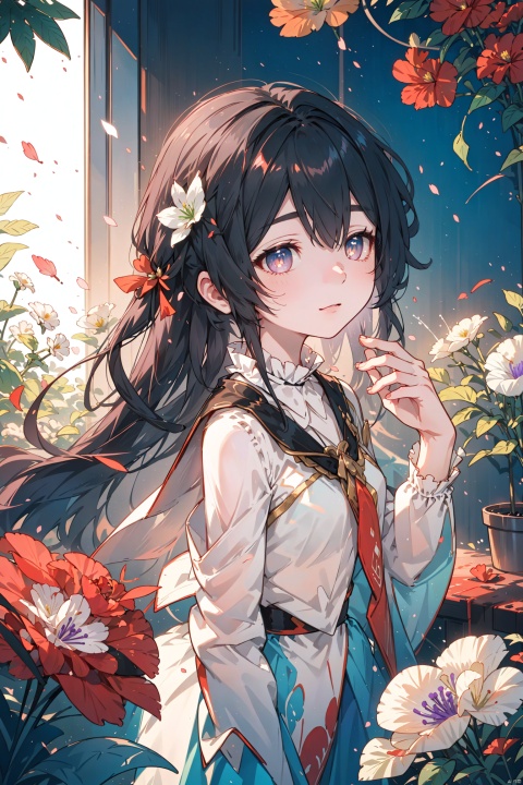  1girl, long hair, flower, Lisianthus, in the style of red and light azure, dreamy and romantic compositions, red, ethereal foliage, playful arrangements, fantasy, high contrast, ink strokes, explosions, over exposure, purple and red tone impression, abstract, whole body capture, ,
, 1girl, liuying, shota