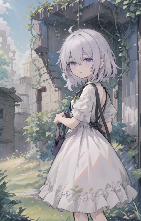  (masterpiece),(best quality),1girl, solo, purple_eyes, white_hair, overgrown, dress, short_sleeves, white_dress, scenery, grass, ruins, bangs, plant, outdoors, hair_between_eyes, looking_at_viewer, day, vines, shota , killer, , backlight