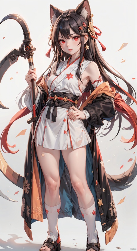  (1girl:0.6),thin,very long hair,black hair, A bundle of red hair,red eyes,small breasts,black coat,white lining,white skirt,socks,shoes,closed mouth,red star hairpin,(star), serious,star,(scythe),((((white_background)))),standing,masterpiece,best quality,official art,extremely detailed CG unity 8k wallpaper, yue , hair ornament , hanfu