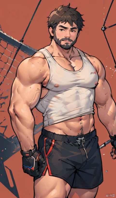  1boy,Muscular,CNThor, male focus, solo, facial hair, muscular, muscular male, large pectorals, abs, beard, short hair, mature male, mustache, looking at viewer, thighs, old man, old,realistic, shorts, thick thighs, arm armors, black hair, male underwear, underwear,((wearing T-shirt,tank top)), Jixieman, shota, red background