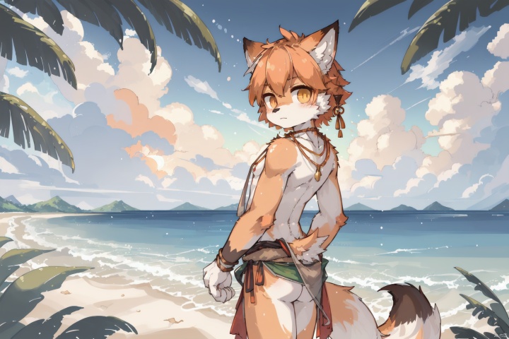  masterpiece, high quality, hi res, digital painting \(artwork\), by kuroisumi, yupa,kiyosan. soft lighting, solo, (anthro male fox), (orange body), sunshine, beach, loincloth, sea, cloud, dark, bright, sand, from side, necklace. impasto, panorama,portrait,135mm,looking at viewer,character focus. detailed background,amazing background,outdoors,scenery,light particles, kemono, (cute), ass, furry, shota, MIR, Ink scattering_Chinese style