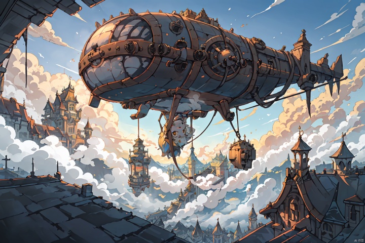  big SkyCity,
(above the clouds:1.2),Magic,steampunk,Floating platform,(top-down view:1.2),(Looking down from mid air:1.25),Integrated building,Steam power,mechanical,Castle in the Sky,(Airship),(Floating steam airship airport), shota