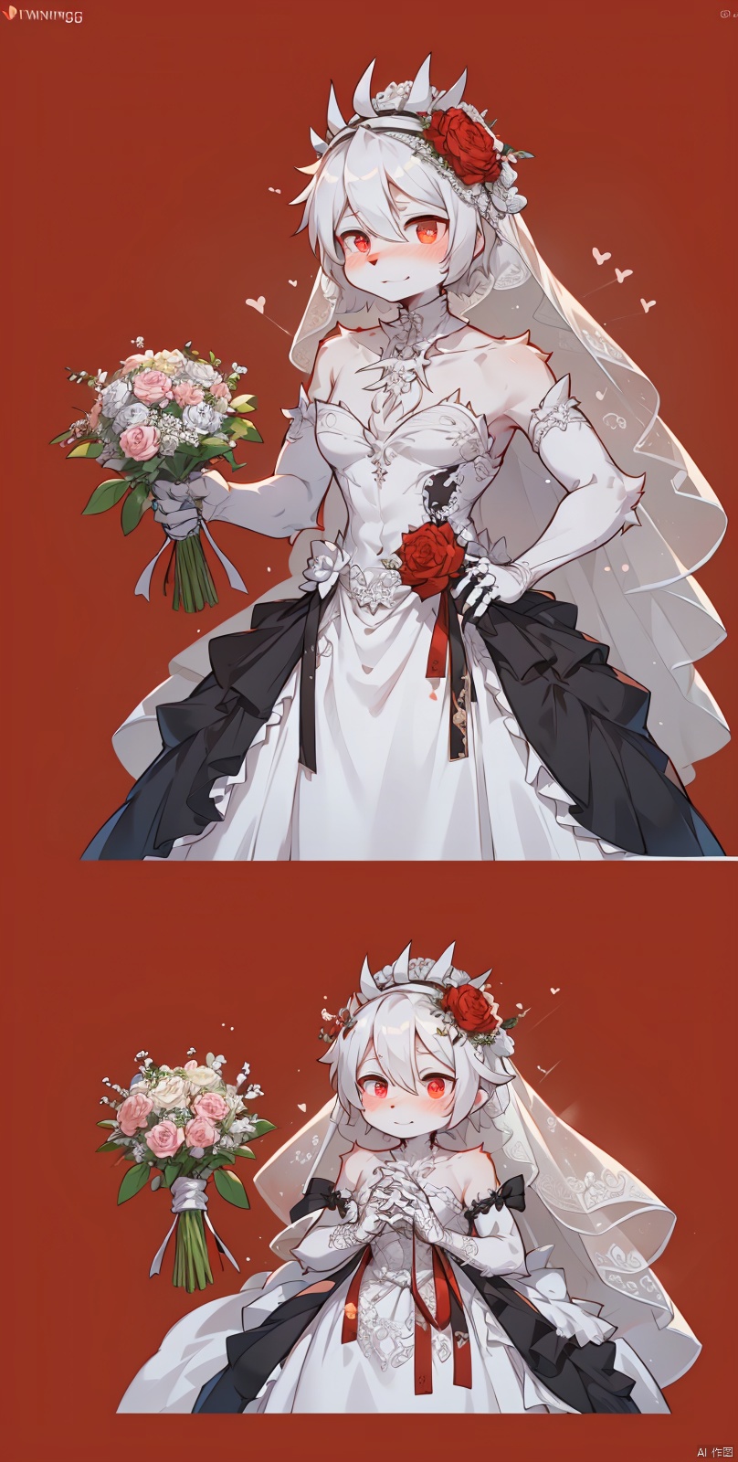  Skeleton Bride, Holding flowers in the hand, Wearing a wedding dress, Wait at the cemetery, So many details., hell, blackmagic, macron, solid eyes, xinniang, cutegui, wulian, red background, shota, furry