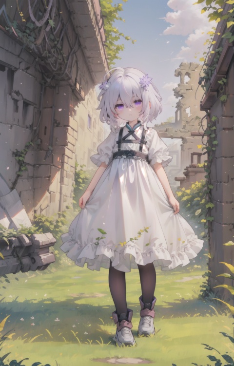  (masterpiece),(best quality),1girl, solo, purple_eyes, white_hair, overgrown, dress, short_sleeves, white_dress, scenery, grass, ruins, bangs, plant, outdoors, hair_between_eyes, looking_at_viewer, day, vines, shota, (\shen ming shao nv\), , killer, white pantyhose