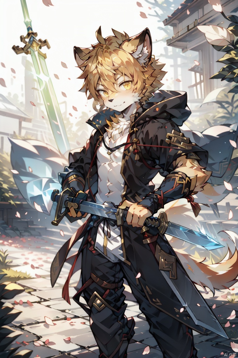  1boy,male focus, yellow hair,energy sword,glint,glowing sword,Unsheathed sword,solo, yellow Hanfu,Grasp the hilt with your hand,Brave and spirited,sword-dance,holding sword,looking at viewer,petals,solo,standing, glow, furry