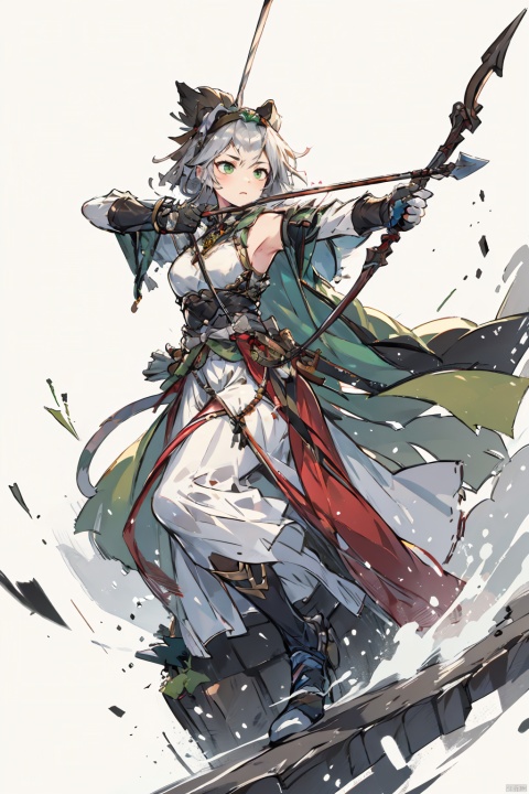  1girl, solo, gloves,long hair, focusing intensely,Hold the iron tire bow with the left hand and draw a bow and shoot arrows, Wearing a jade crown, shining silver armor, and wearing a lion headband. Treading towards the sky with cow tendon boots; Wearing a crimson cloak on her shoulders, carrying a three foot green blade on her waist, coupled with her tall figure and resolute expression,clean white background, shota