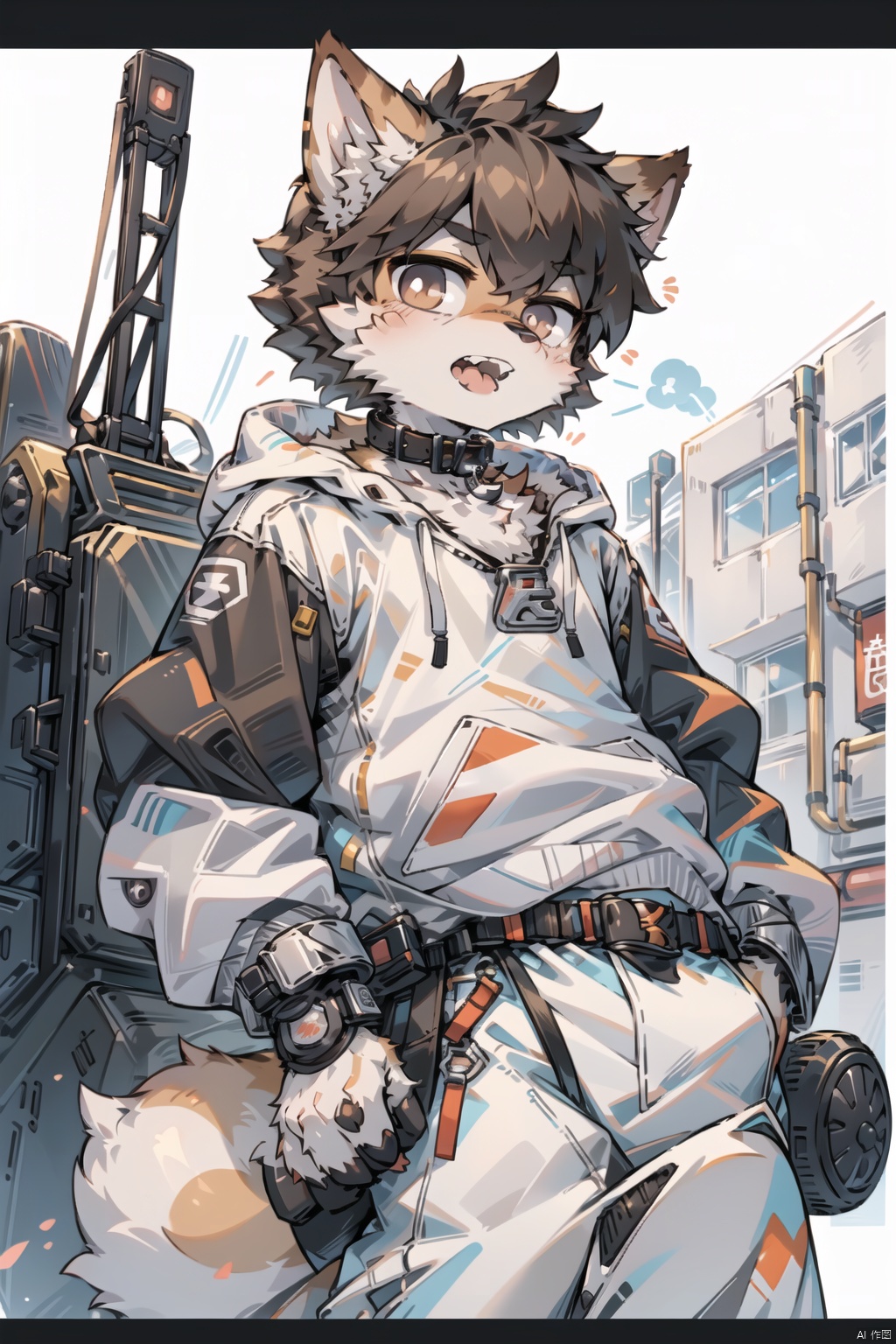  ((best quality)),(boy:Shiba inu:0.8),(boy:1.2),(dark brown fluffy hair:1.3), (big grey innocent eyes:1.2),stubborn expression,open the mouth and show the teeth,canine teeth,(white hoodie with paw prints:1.1),(collar on neck:1.2),paws in pocket,(carefree attitude:1.2), (anime character:1.3), lovable personality, (endearing perspective:1.1), (8k resolution:1.0),furry,pixel art,machinery, furry,fat, shota, 