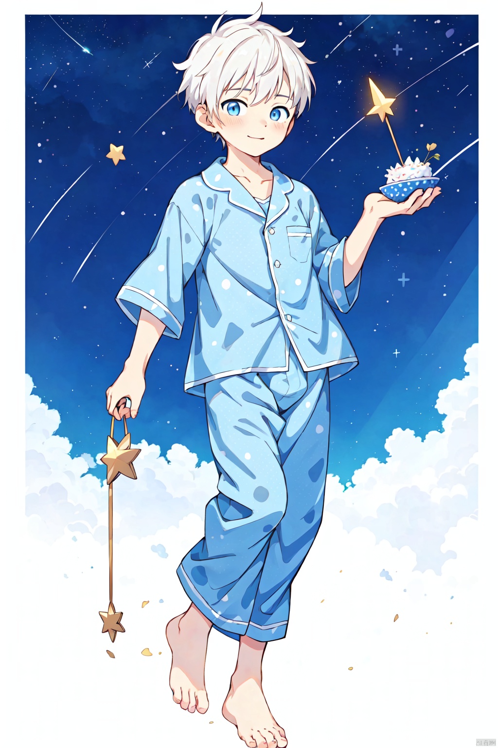  anime,8K,boy,juvenile,Seventeen,whiter hair,blue eye,barefoot,Blue pajamas, Holding a five pointed star in hand, decorated with stars, dotted with dots