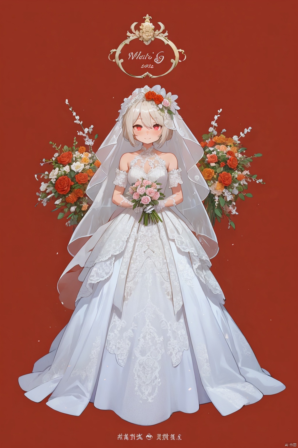  Skeleton Bride, Holding flowers in the hand, Wearing a wedding dress, Wait at the cemetery, So many details., hell, blackmagic, macron, solid eyes, xinniang, cutegui, wulian, red background, shota