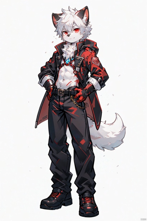 solo, simple background, red eyes, gloves, 1boy, white background, animal ears, standing, tail, full body, male focus, belt, pants, white gloves, coat, hand on hip, furry, furry male, white pantyhose