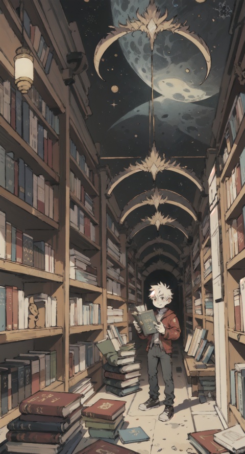 arafed image of a man standing in a library with books, endless books, borne space library artwork, books cave, fantasy book illustration, spiral shelves full of books, infinite celestial library, an eternal library, gothic epic library concept, magic library, japanese sci - fi books art, beeple and jean giraud, books all over the place, 