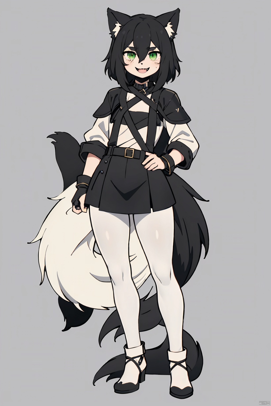  1girl, furry, rogue, full body,(wolf girl,green eye,black hair), leather armor, black fur at all, wolf face, FurryCore,1tail,grinning, sharp fangs,human hands,Gynomorph, f4nt4nsy style, eastern dragon, rachel, white pantyhose