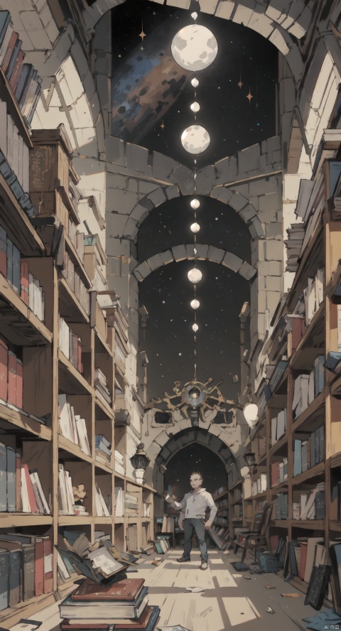 arafed image of a man standing in a library with books, endless books, borne space library artwork, books cave, fantasy book illustration, spiral shelves full of books, infinite celestial library, an eternal library, gothic epic library concept, magic library, japanese sci - fi books art, beeple and jean giraud, books all over the place, 